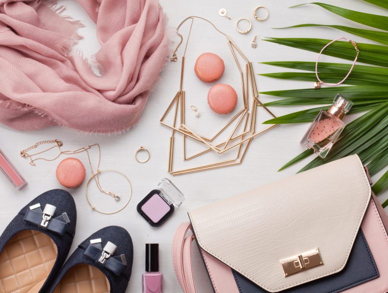 Flat lay with women accessories. Fashion, trends and shopping concept