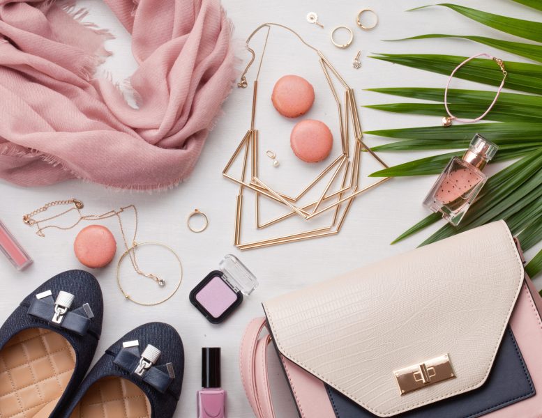 Flat lay with women accessories. Fashion, trends and shopping concept
